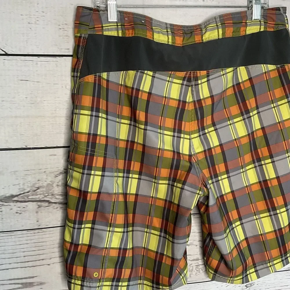The North Face Mens Board shorts 34 Plaid Orange Yellow Swim Raft‎ Hike Water